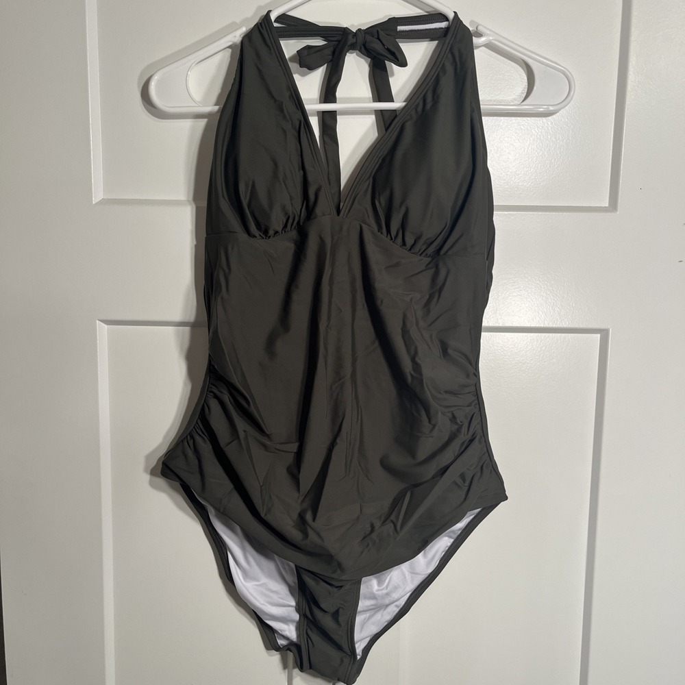 Cupshe Womens One Piece Swimsuit Olive Green Neck Tie Open Back AB20894G Large